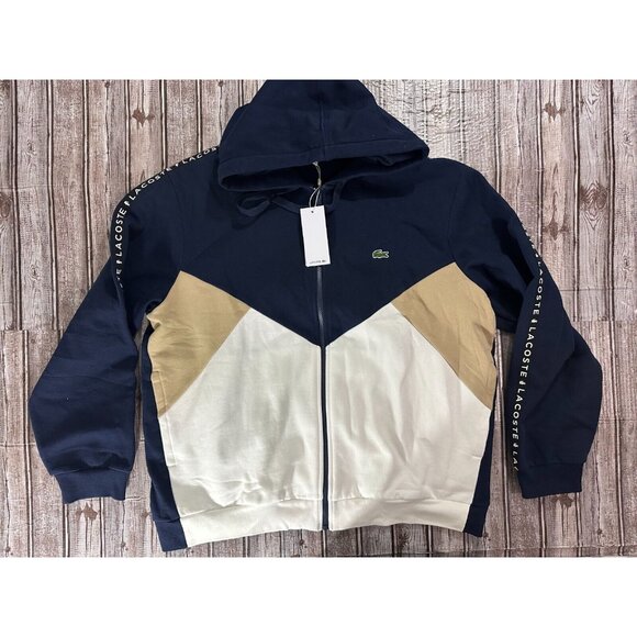 LACOSTE Colorblock Lettered Fleece Zip-Up Hoodie size 3XL 8 NWT $135 white blue - Picture 1 of 6